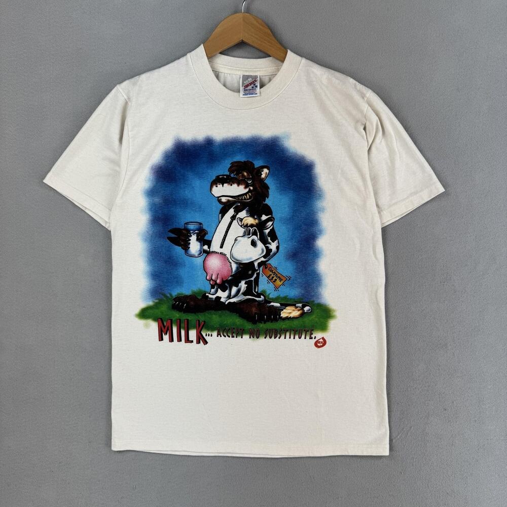 Vintage Milk Cow Shirt Mens Medium White Accept No Substitute Funny Jerzees USA